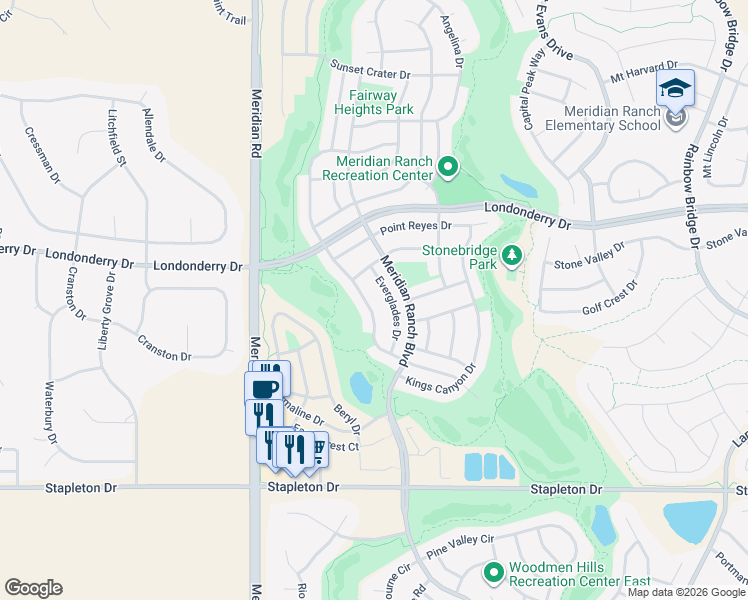 map of restaurants, bars, coffee shops, grocery stores, and more near 9987 Antler Creek Drive in Peyton
