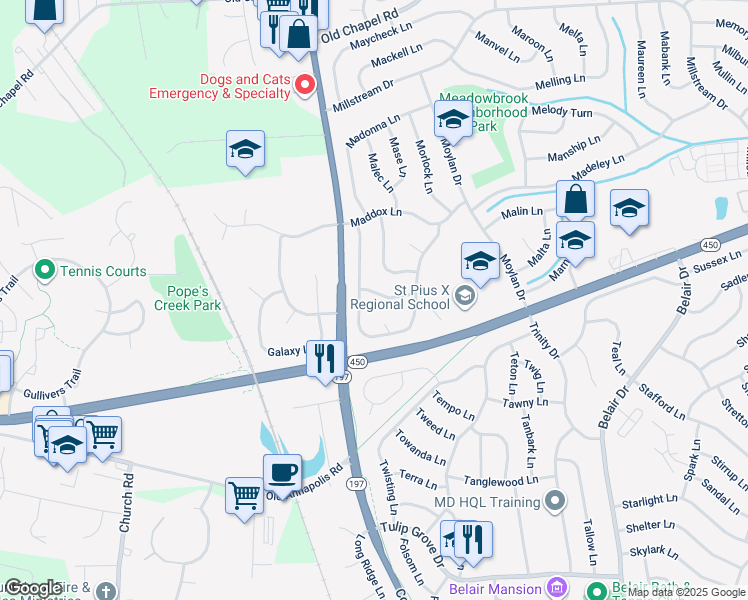 map of restaurants, bars, coffee shops, grocery stores, and more near 12003 Marvel Lane in Bowie