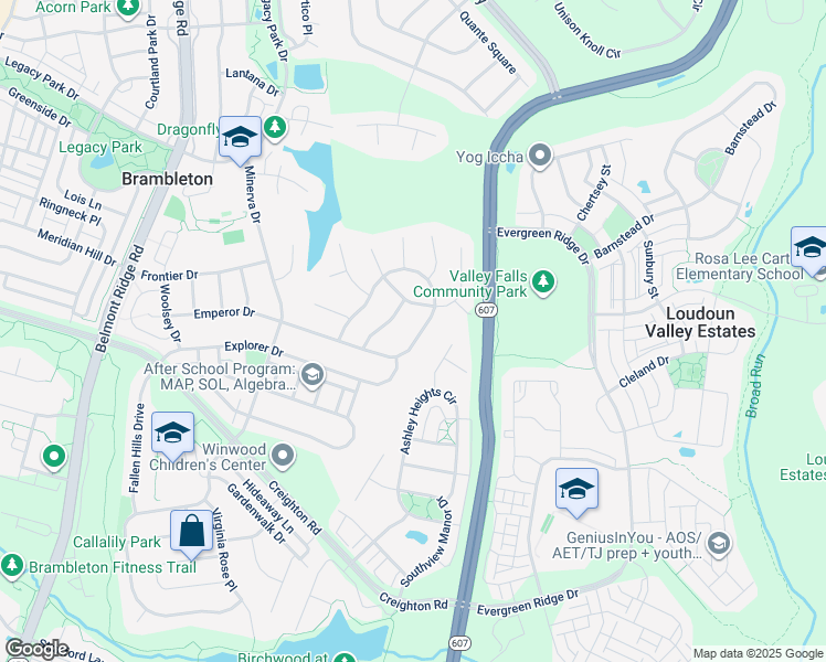 map of restaurants, bars, coffee shops, grocery stores, and more near 42850 Conquest Circle in Brambleton