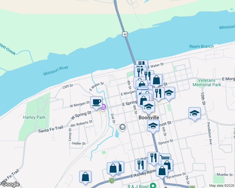 map of restaurants, bars, coffee shops, grocery stores, and more near 213 East Morgan Street in Boonville
