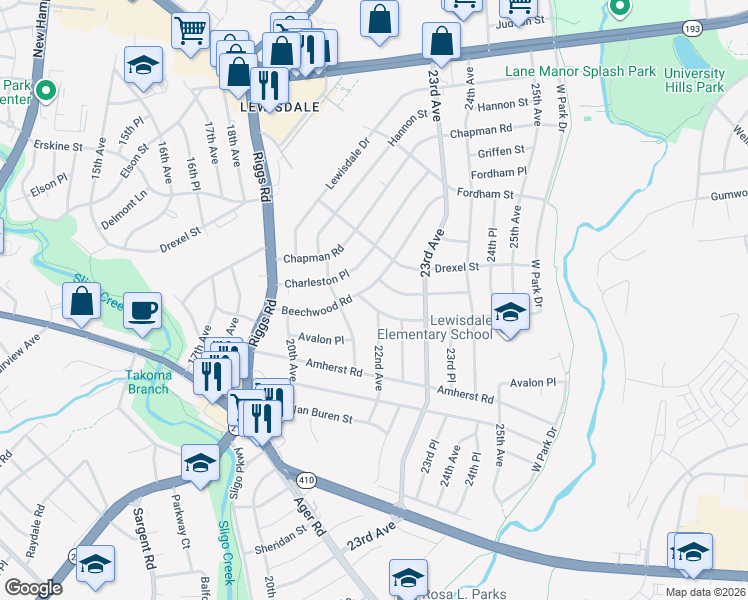 map of restaurants, bars, coffee shops, grocery stores, and more near 2102 Banning Place in Hyattsville