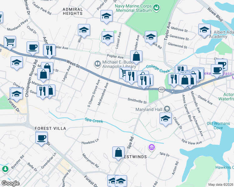 map of restaurants, bars, coffee shops, grocery stores, and more near 90 Russell Street in Annapolis