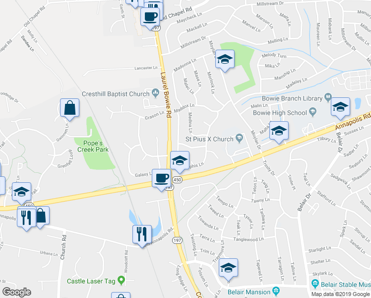 map of restaurants, bars, coffee shops, grocery stores, and more near 12003 Marvel Lane in Bowie