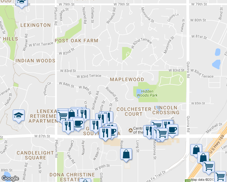 map of restaurants, bars, coffee shops, grocery stores, and more near 8409 Rosehill Road in Lenexa