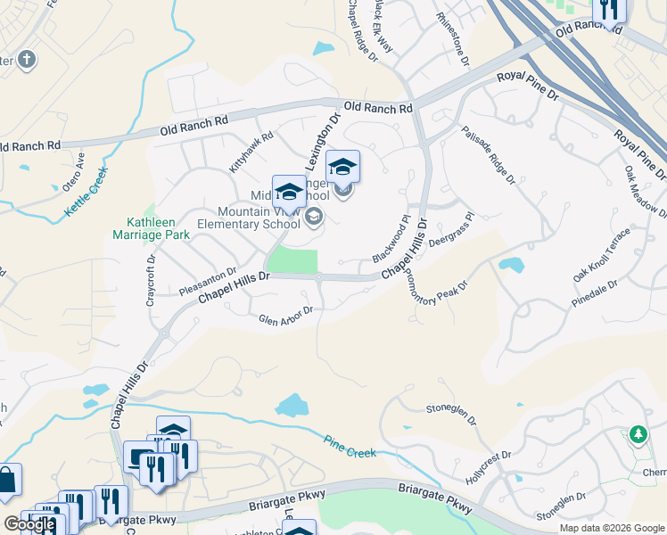 map of restaurants, bars, coffee shops, grocery stores, and more near 2817 Blackwood Place in Colorado Springs