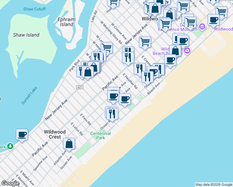 map of restaurants, bars, coffee shops, grocery stores, and more near 6000 Atlantic Avenue in Wildwood