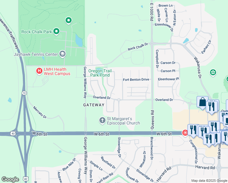 map of restaurants, bars, coffee shops, grocery stores, and more near 408 Fort Laramie Drive in Lawrence