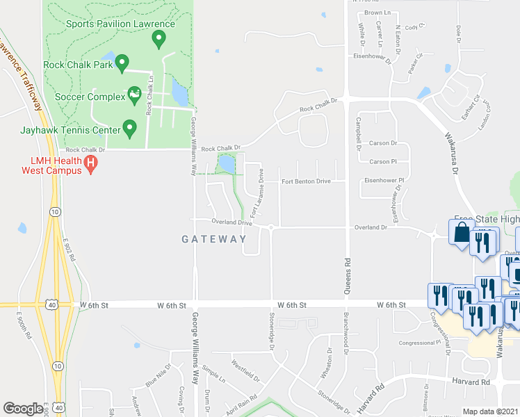 map of restaurants, bars, coffee shops, grocery stores, and more near 408 Fort Laramie Drive in Lawrence