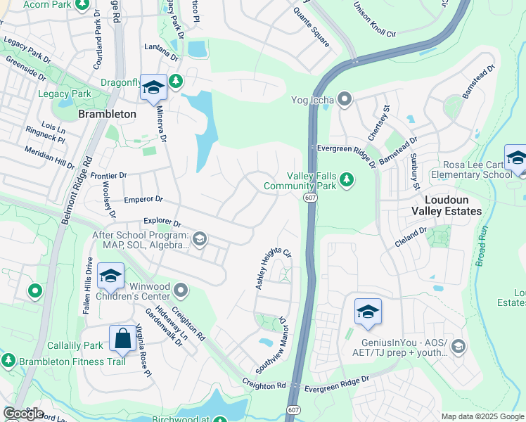 map of restaurants, bars, coffee shops, grocery stores, and more near 42850 Conquest Circle in Brambleton