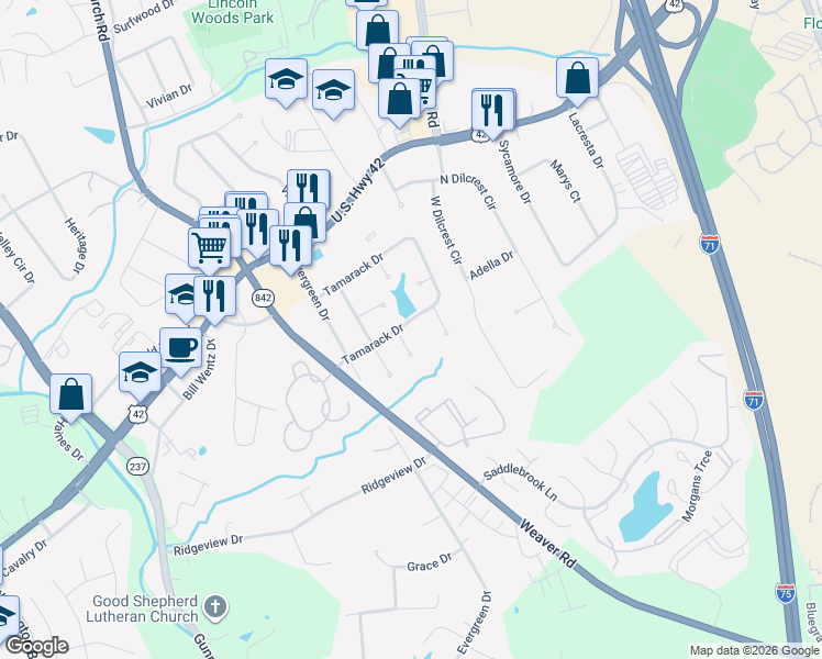 map of restaurants, bars, coffee shops, grocery stores, and more near 8318 Tamarack Drive in Florence