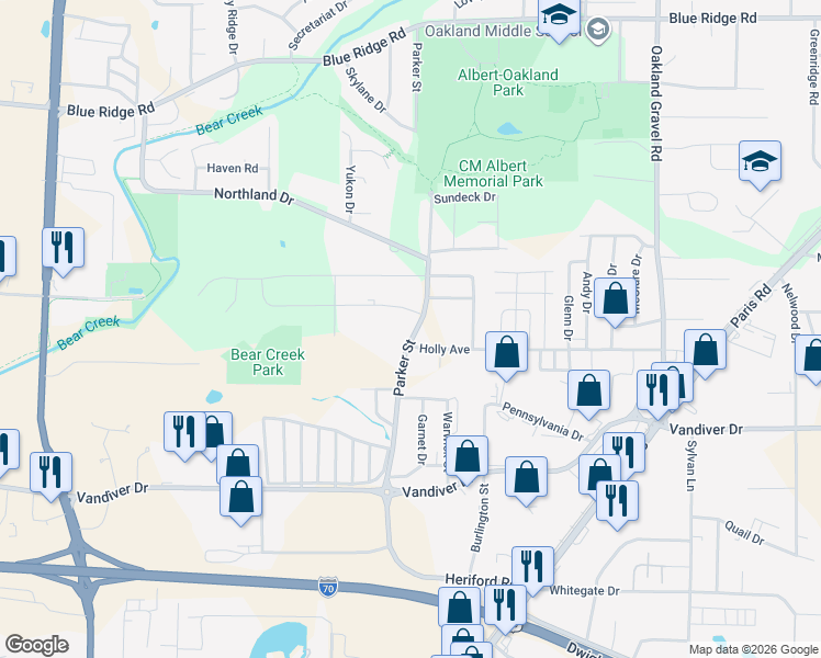 map of restaurants, bars, coffee shops, grocery stores, and more near 2410 Parker St in Columbia