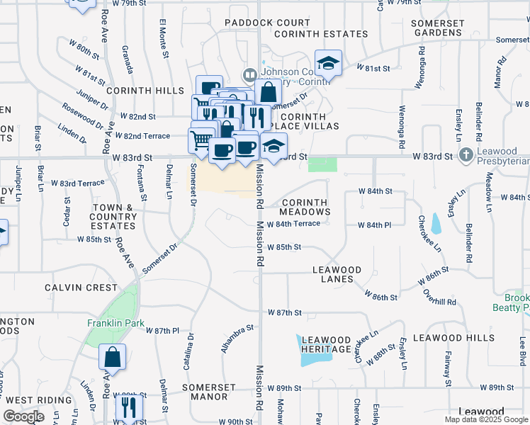 map of restaurants, bars, coffee shops, grocery stores, and more near 8401 Mission Road in Leawood