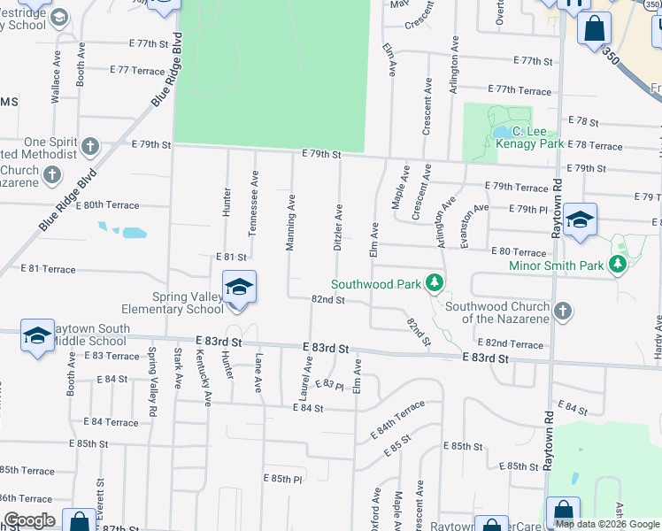 map of restaurants, bars, coffee shops, grocery stores, and more near 8138 Ditzler Avenue in Raytown