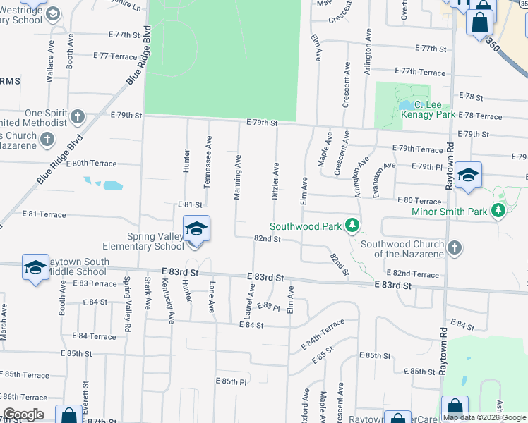 map of restaurants, bars, coffee shops, grocery stores, and more near 8138 Ditzler Avenue in Raytown