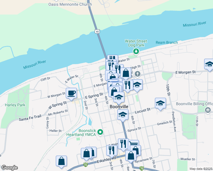 map of restaurants, bars, coffee shops, grocery stores, and more near 404 East Morgan Street in Boonville