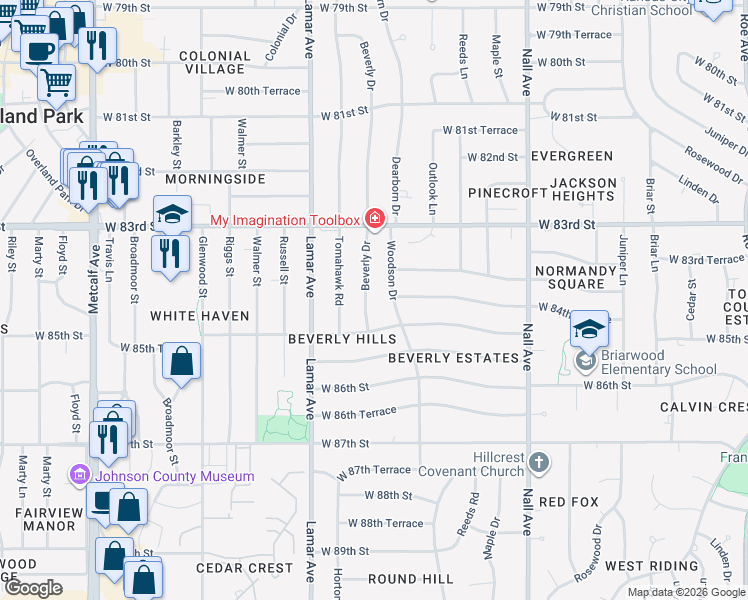 map of restaurants, bars, coffee shops, grocery stores, and more near 8417 Beverly Drive in Overland Park