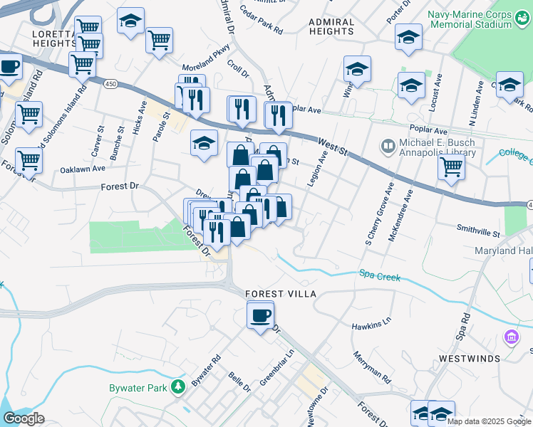 map of restaurants, bars, coffee shops, grocery stores, and more near 1832 George Avenue in Annapolis