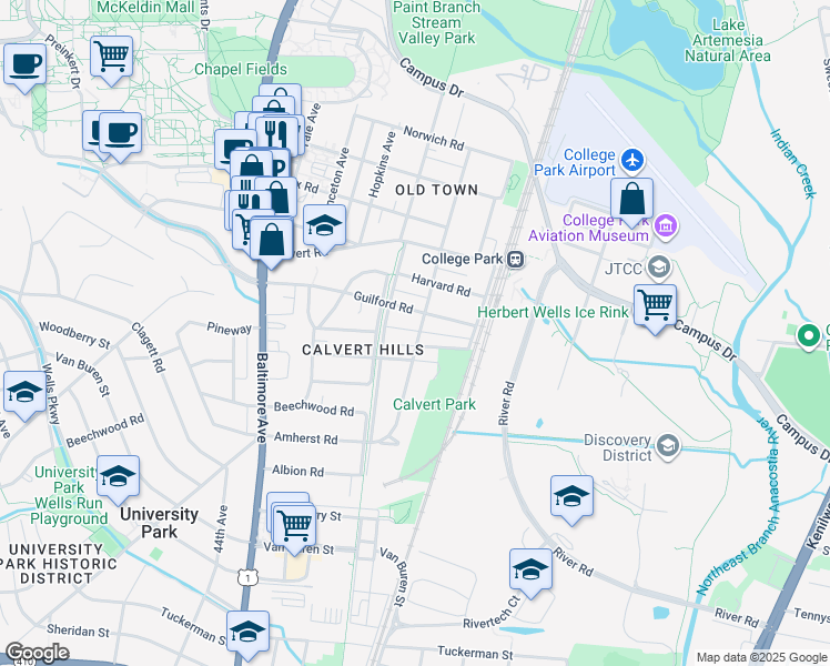 map of restaurants, bars, coffee shops, grocery stores, and more near 4711 Fordham Road in College Park