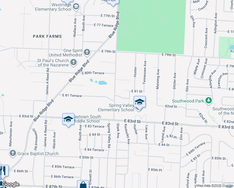 map of restaurants, bars, coffee shops, grocery stores, and more near 8800 East 81 Terrace in Raytown