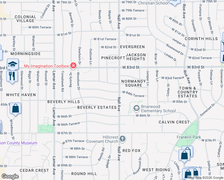 map of restaurants, bars, coffee shops, grocery stores, and more near 5520 West 84th Terrace in Overland Park