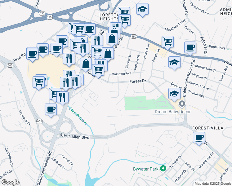 map of restaurants, bars, coffee shops, grocery stores, and more near 2045 Allen Drive in Annapolis
