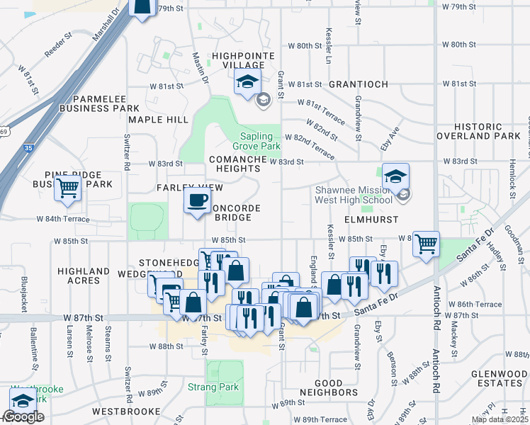 map of restaurants, bars, coffee shops, grocery stores, and more near 8424 Grant Street in Overland Park