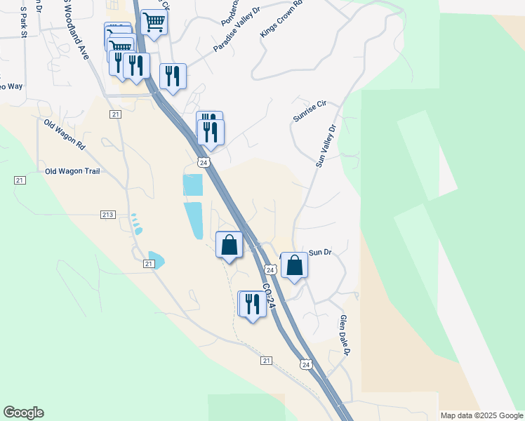 map of restaurants, bars, coffee shops, grocery stores, and more near 19569 U.S. 24 in Woodland Park