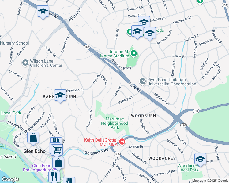 map of restaurants, bars, coffee shops, grocery stores, and more near 6400 Tone Drive in Bethesda