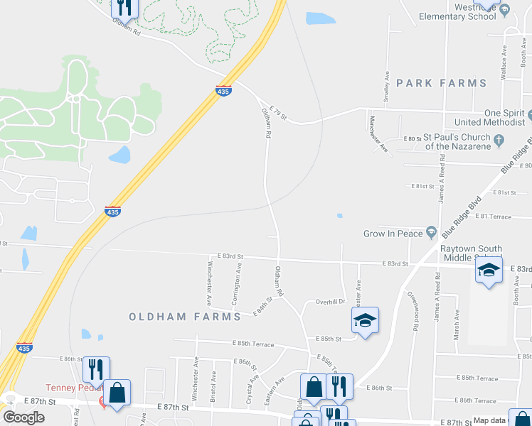 map of restaurants, bars, coffee shops, grocery stores, and more near 8102 Oldham Road in Kansas City