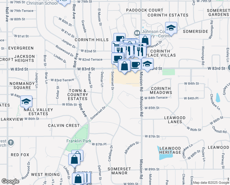 map of restaurants, bars, coffee shops, grocery stores, and more near 8401 Somerset Drive in Prairie Village