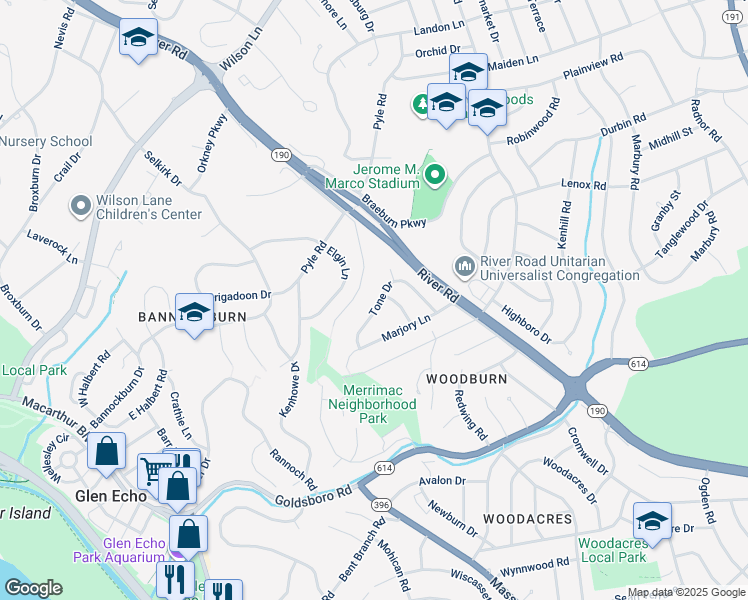 map of restaurants, bars, coffee shops, grocery stores, and more near 6403 Tone Drive in Bethesda