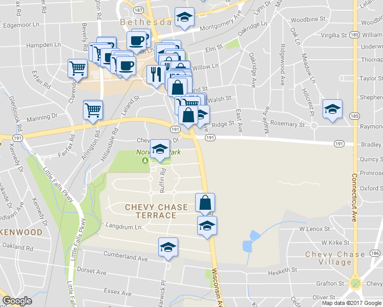 map of restaurants, bars, coffee shops, grocery stores, and more near 4606 Nottingham Drive in Chevy Chase