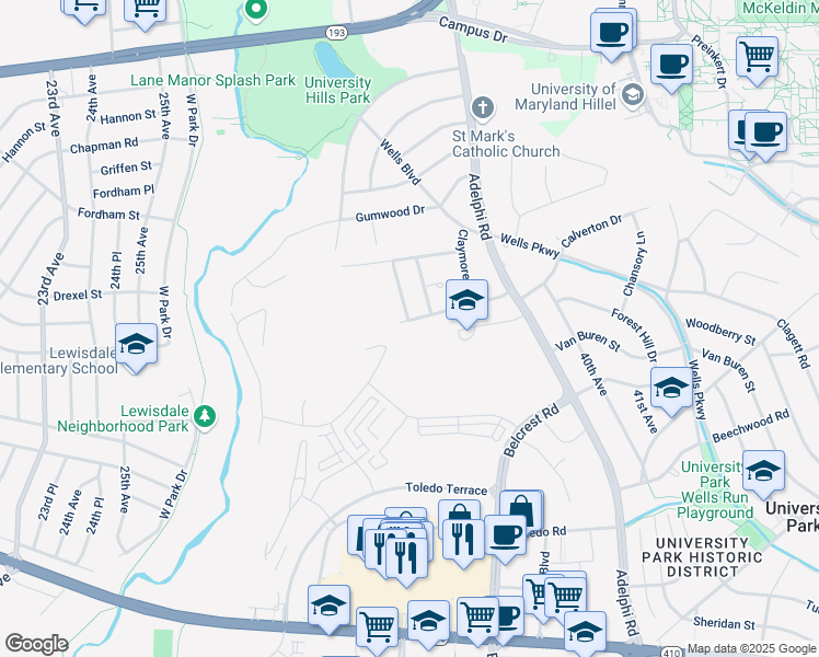 map of restaurants, bars, coffee shops, grocery stores, and more near 6801 Calverton Drive in Hyattsville