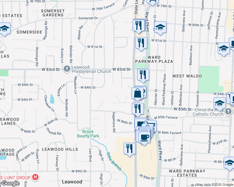 map of restaurants, bars, coffee shops, grocery stores, and more near 8419 Sagamore Road in Leawood