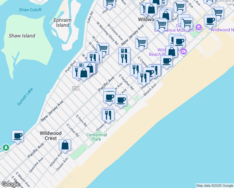 map of restaurants, bars, coffee shops, grocery stores, and more near 6000 Atlantic Avenue in Wildwood
