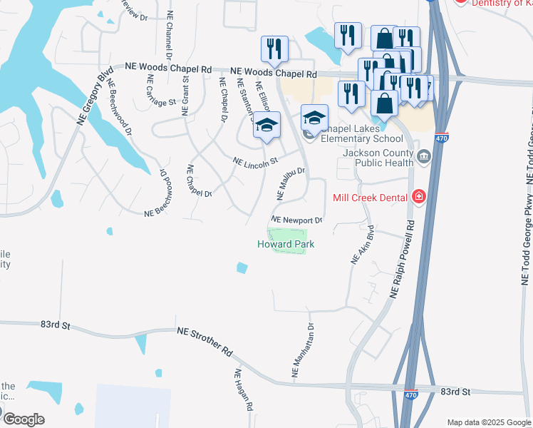 map of restaurants, bars, coffee shops, grocery stores, and more near 3516 Northeast Independence Avenue in Lee's Summit
