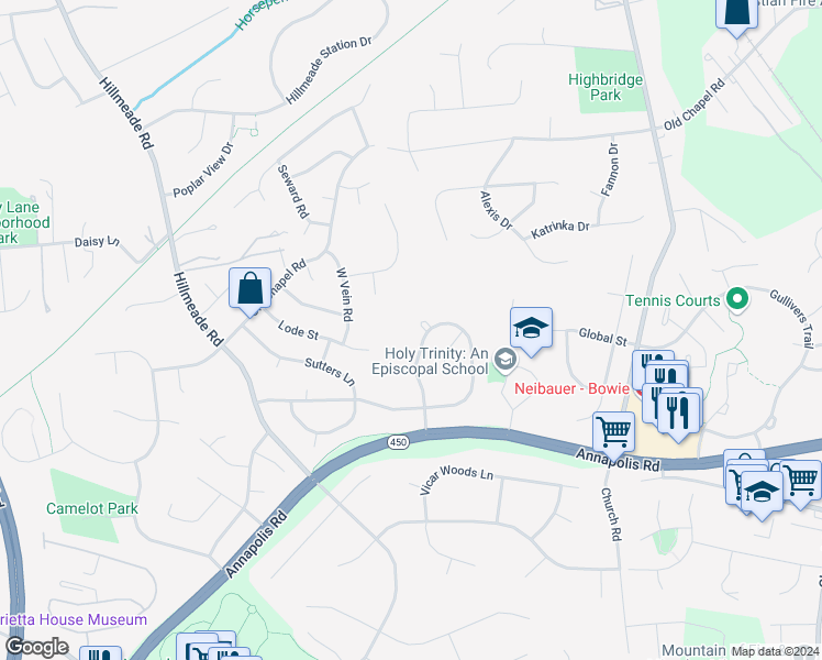 map of restaurants, bars, coffee shops, grocery stores, and more near 13117 Marthas Choice Circle in Bowie