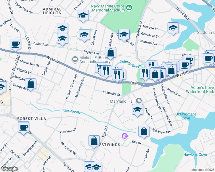 map of restaurants, bars, coffee shops, grocery stores, and more near 1013 West Street in Annapolis