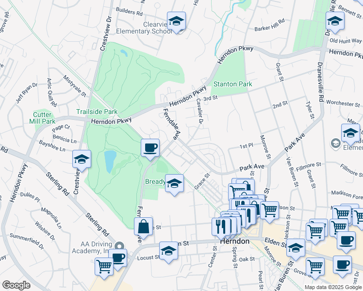 map of restaurants, bars, coffee shops, grocery stores, and more near 1001 Park Avenue in Herndon