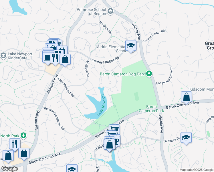 map of restaurants, bars, coffee shops, grocery stores, and more near 1420 Belcastle Court in Reston