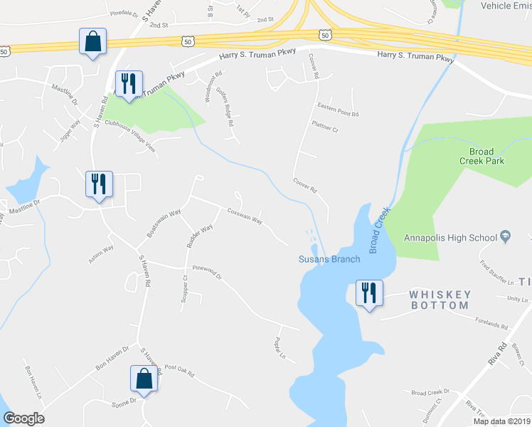 map of restaurants, bars, coffee shops, grocery stores, and more near 2803 Coxswain Ct in Annapolis