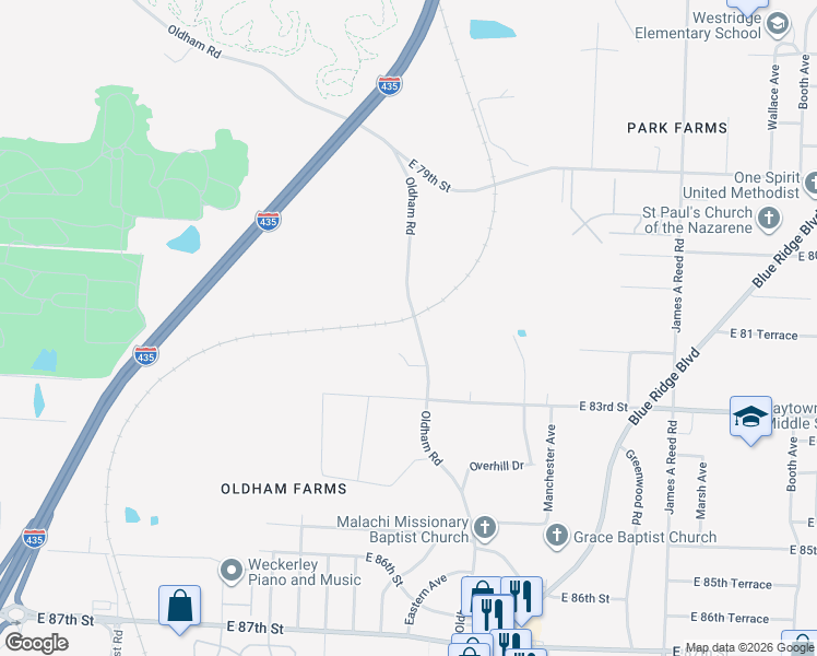 map of restaurants, bars, coffee shops, grocery stores, and more near 8102 Oldham Road in Kansas City