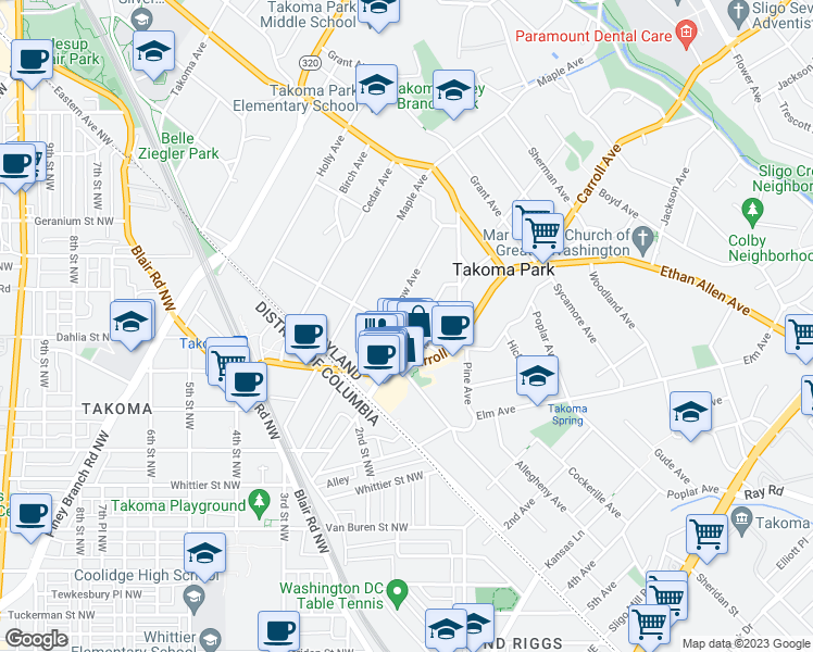 map of restaurants, bars, coffee shops, grocery stores, and more near 406 Tulip Avenue in Takoma Park