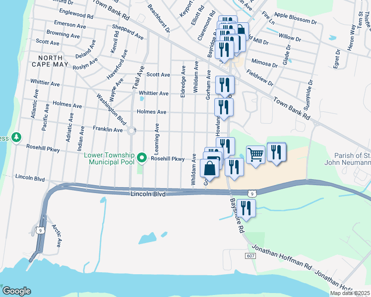 map of restaurants, bars, coffee shops, grocery stores, and more near 608 Whildam Avenue in North Cape May