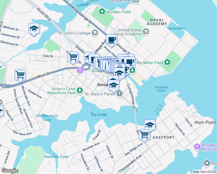 map of restaurants, bars, coffee shops, grocery stores, and more near 151 Duke of Gloucester Street in Annapolis