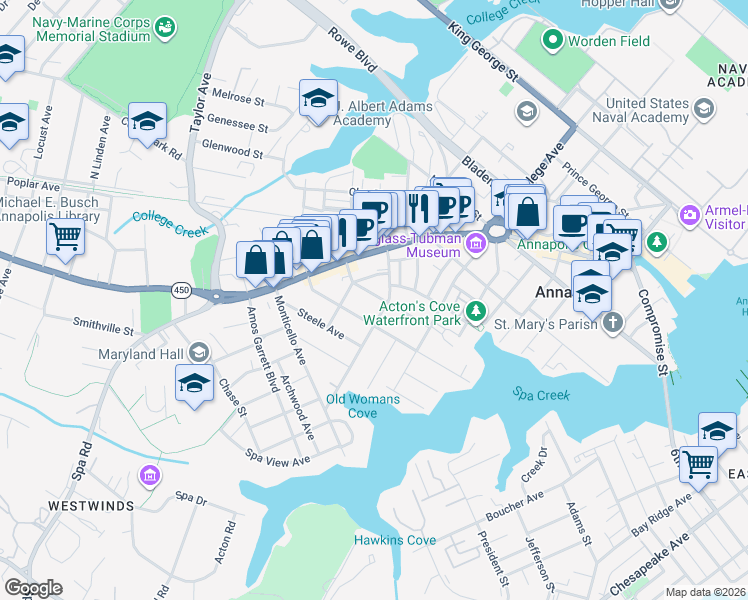 map of restaurants, bars, coffee shops, grocery stores, and more near 37 Murray Avenue in Annapolis