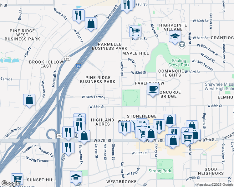 map of restaurants, bars, coffee shops, grocery stores, and more near 10310 West 84th Terrace in Overland Park