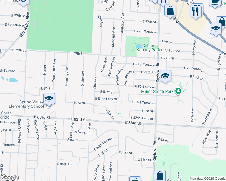 map of restaurants, bars, coffee shops, grocery stores, and more near 9406 East 81st Street in Raytown