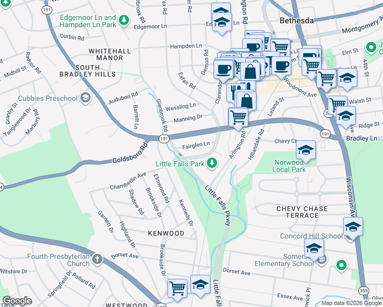 map of restaurants, bars, coffee shops, grocery stores, and more near 6702 Fairfax Road in Chevy Chase