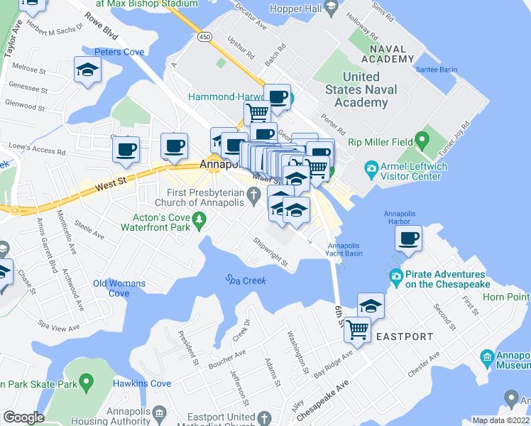 map of restaurants, bars, coffee shops, grocery stores, and more near 144 Market Street in Annapolis